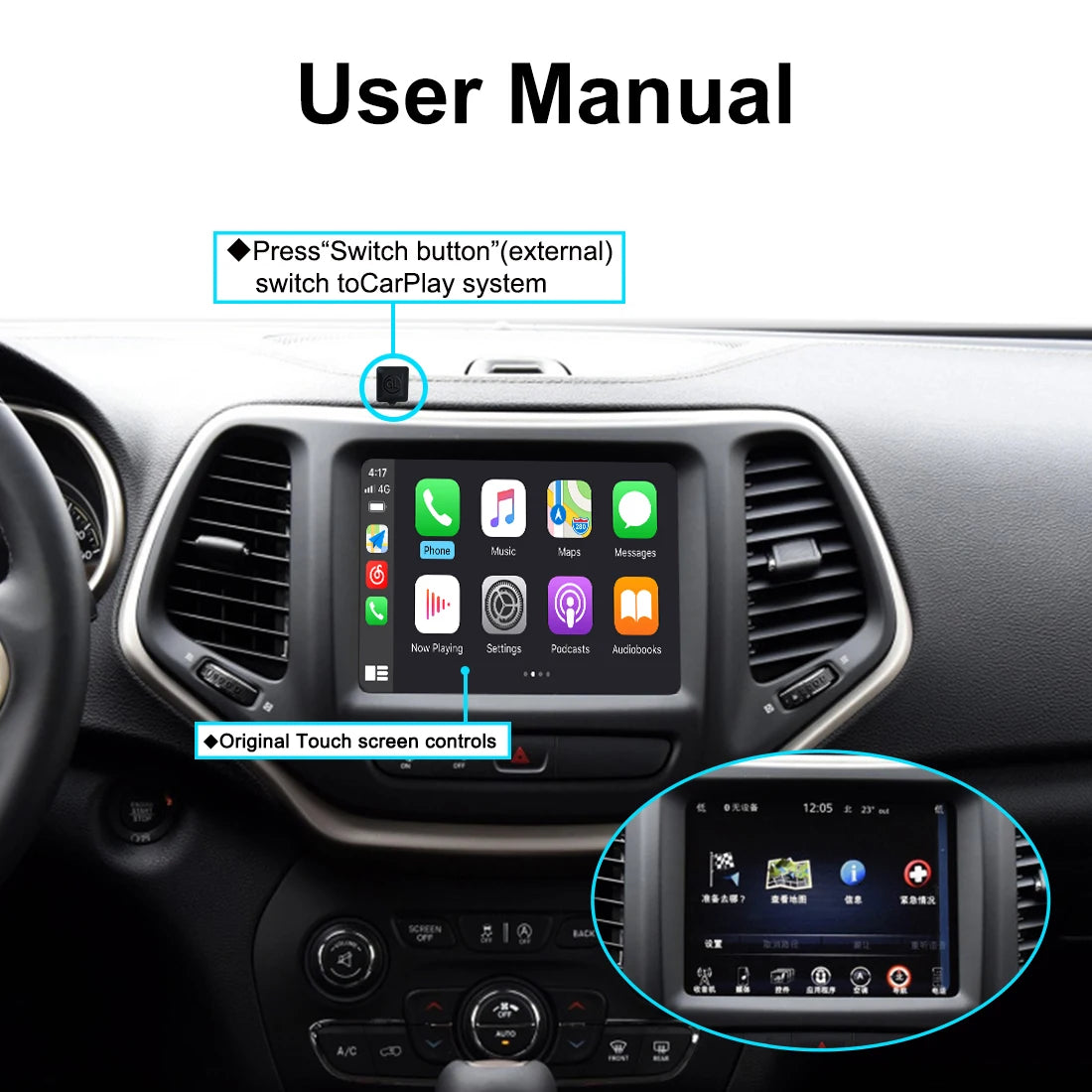 Wireless CarPlay Retrofit Kit Decoder for Jeep Grand Cherokee Commander Compass Uconnect 8.4 2014-2020 - Android Auto &