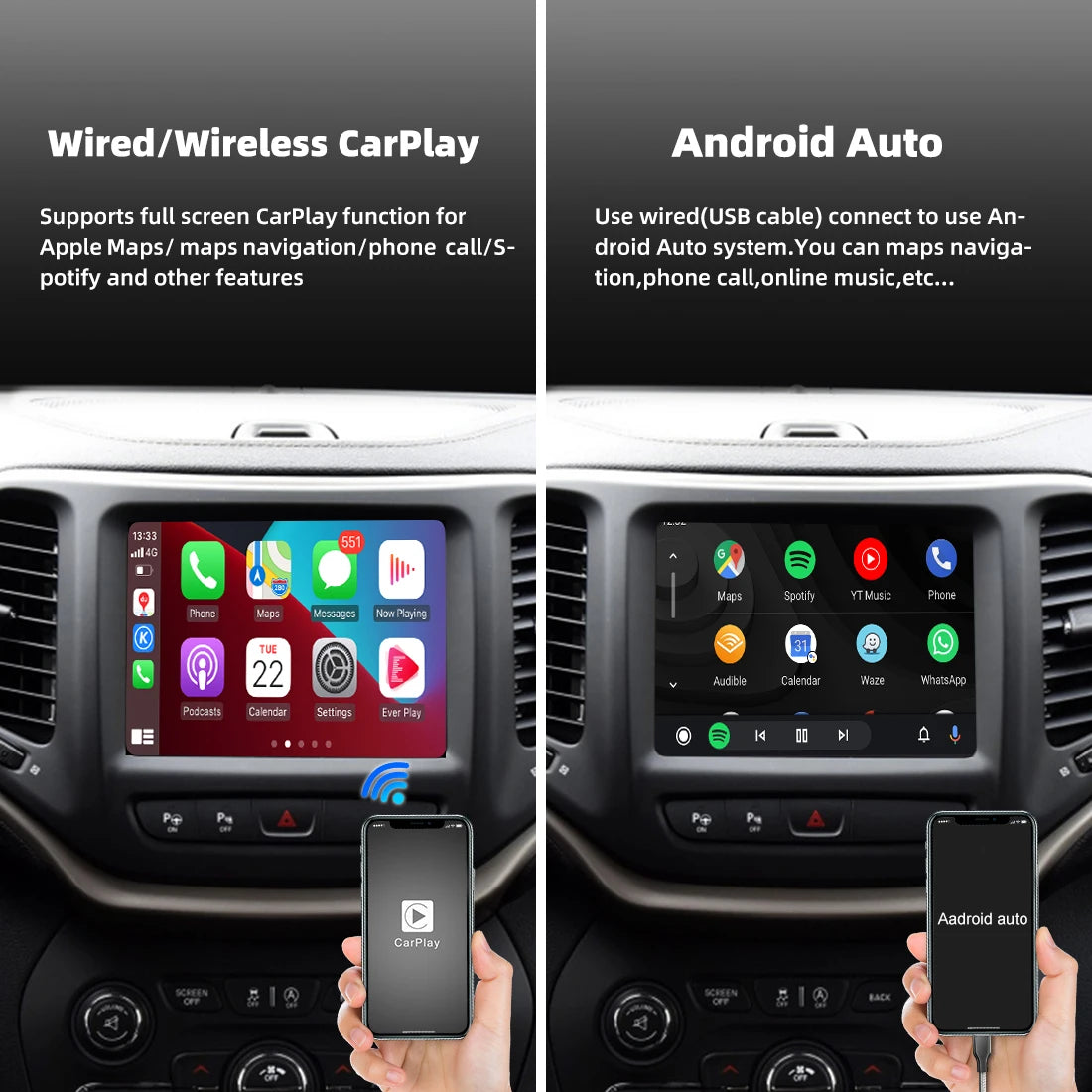 Wireless CarPlay Retrofit Kit Decoder for Jeep Grand Cherokee Commander Compass Uconnect 8.4 2014-2020 - Android Auto &