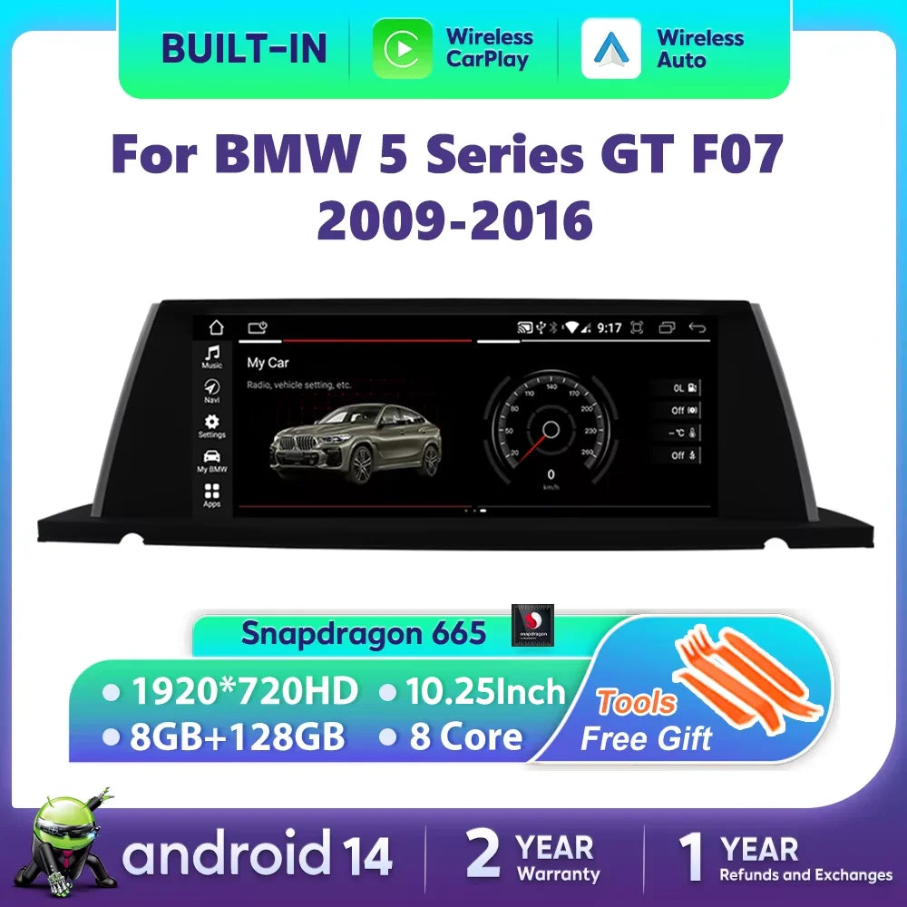 Android 14 8+128GB CarPlay For BMW 5 Series GT F07 2009-2016 GPS Car Multimedia Player Nav