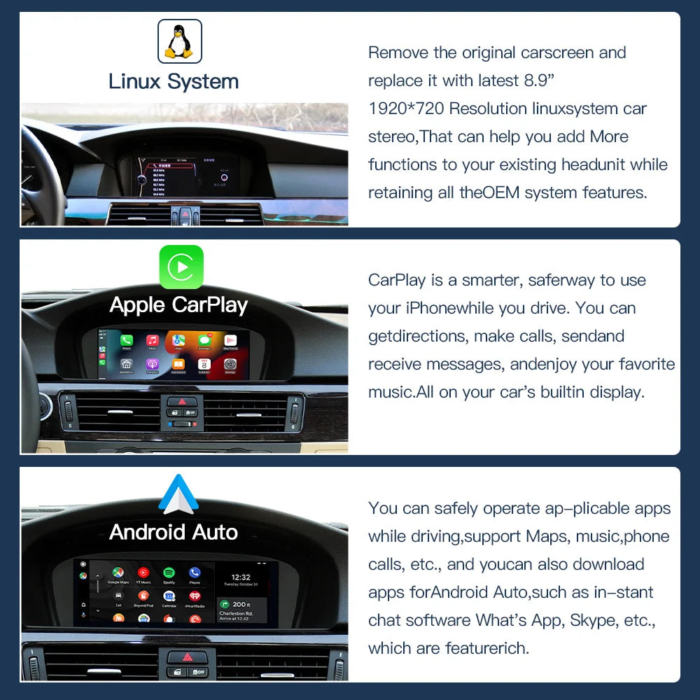 AUTOABC Wireless CarPlay Android Auto Car Multimedia For BMW 5/3 Series E60 E61 E62 E63 E9