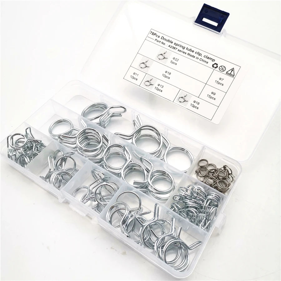 75pcs/lot Double Wire Spring Hose Clamps Kit Fuel Line Tube Clip Assortment Set