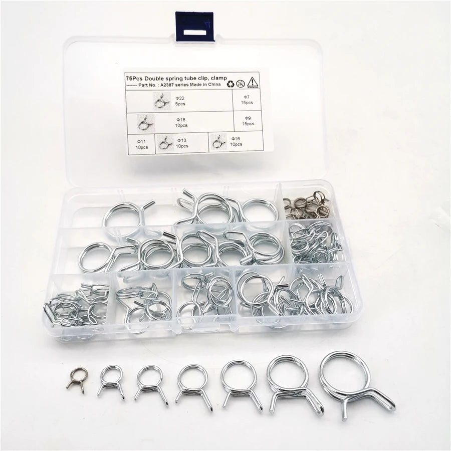 75pcs/lot Double Wire Spring Hose Clamps Kit Fuel Line Tube Clip Assortment Set
