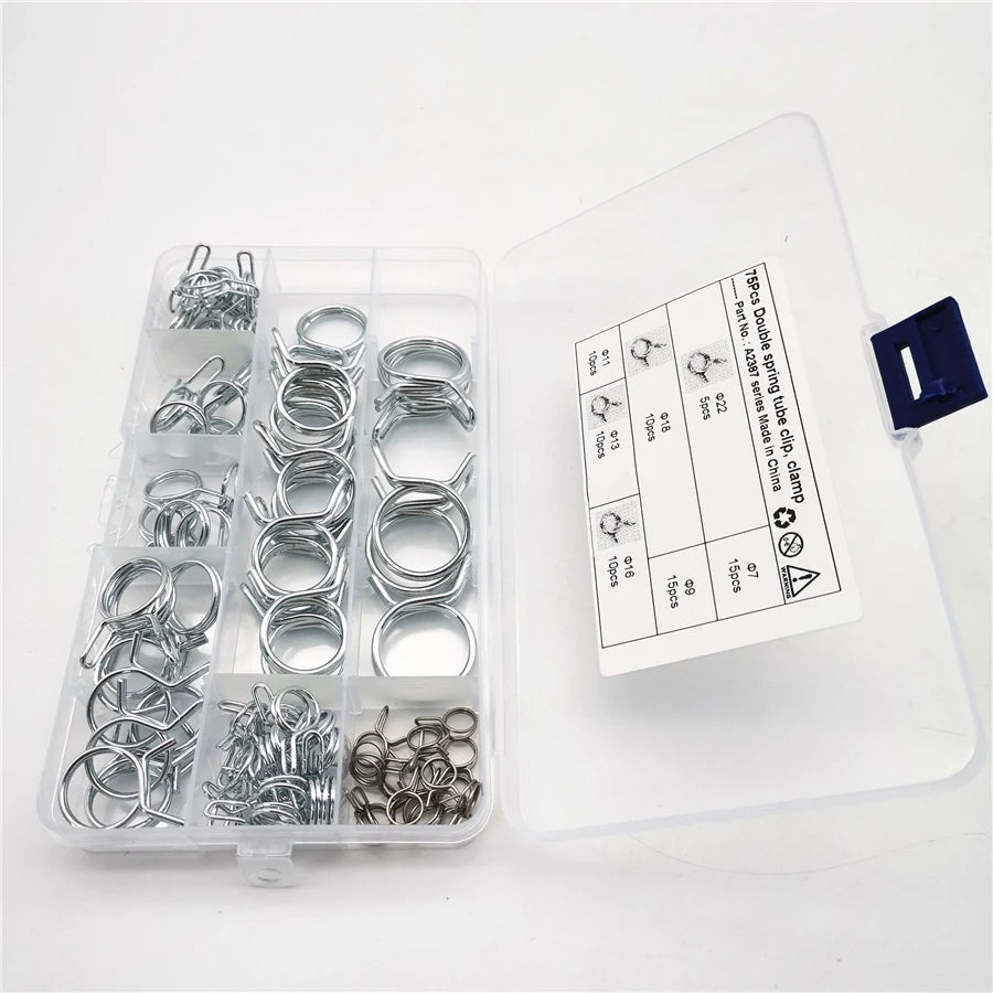 75pcs/lot Double Wire Spring Hose Clamps Kit Fuel Line Tube Clip Assortment Set