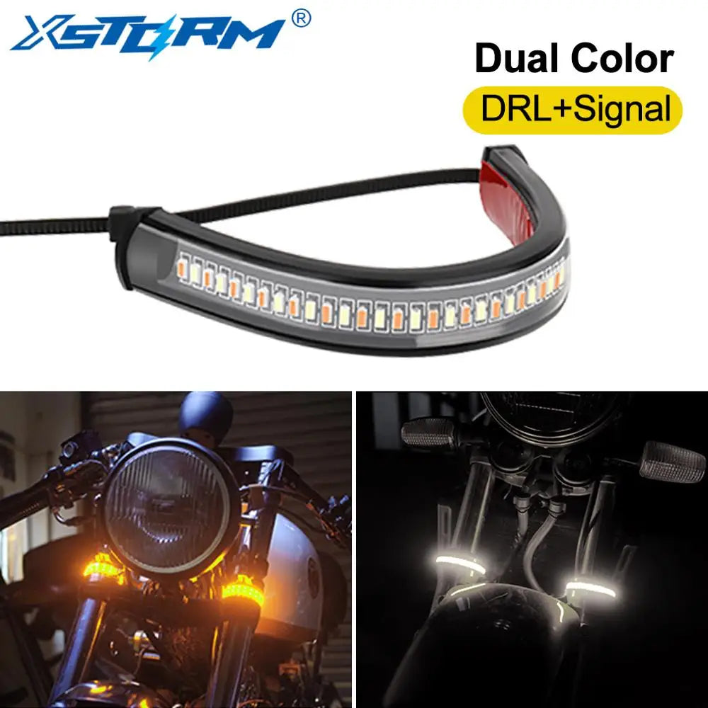 Universal LED Motorcycle Turn Signal Light & DRL Amber White Moto Flasher Ring Fork Strip