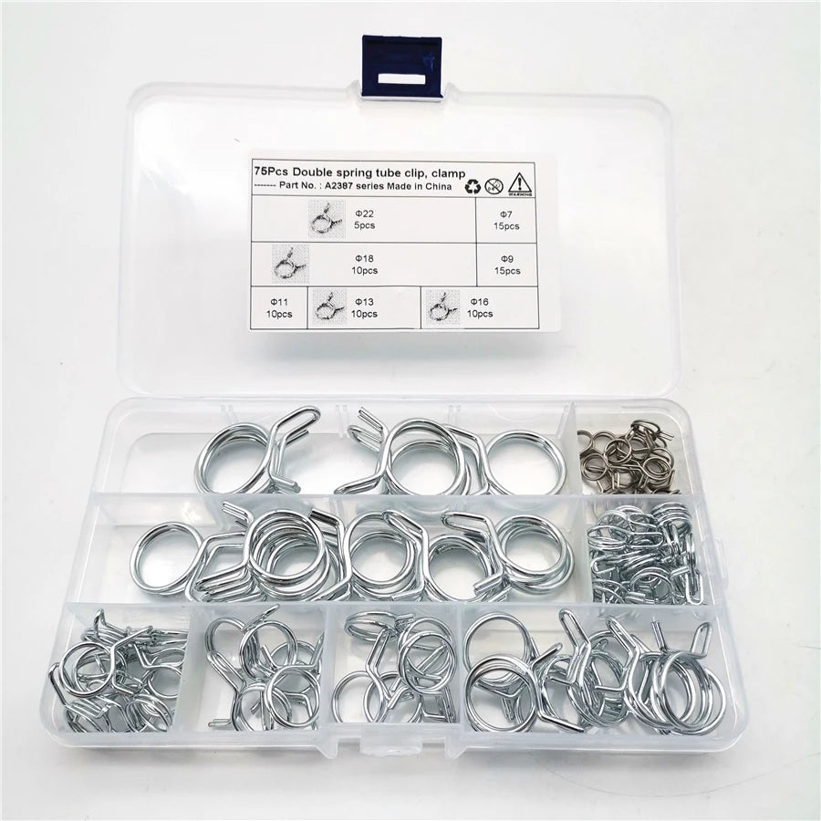 75pcs/lot Double Wire Spring Hose Clamps Kit Fuel Line Tube Clip Assortment Set