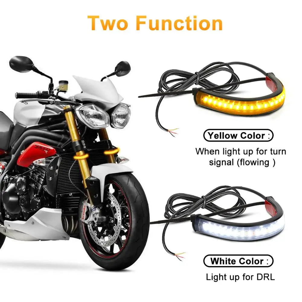 Universal LED Motorcycle Turn Signal Light & DRL Amber White Moto Flasher Ring Fork Strip