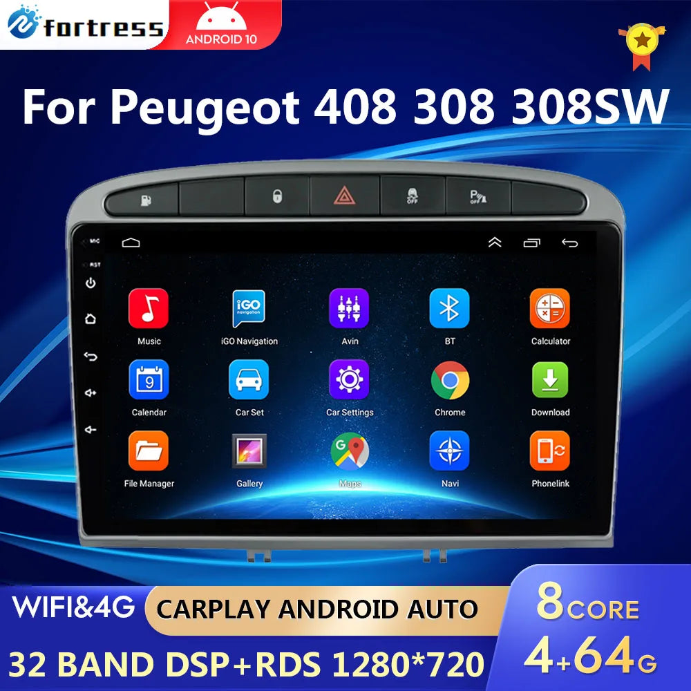 4G+64G Android 10 Car Radio GPS RDS DSP multimedia player for Peugeot 408 for Peugeot 308