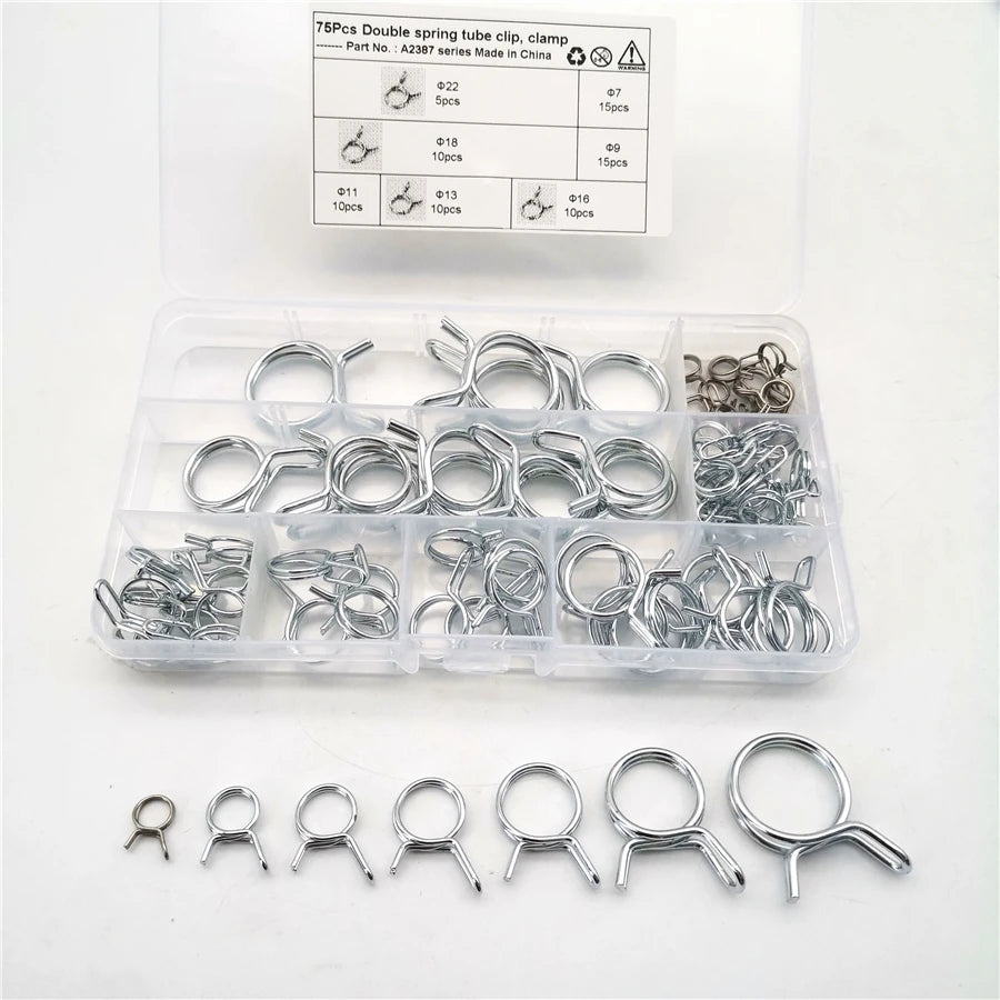 75pcs/lot Double Wire Spring Hose Clamps Kit Fuel Line Tube Clip Assortment Set