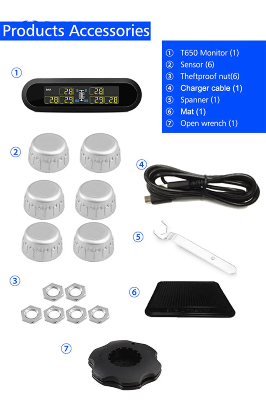 Solar Power Wireless LCD Tire Pressure Monitor System TPMS +6 External Sensor Tire Pressur