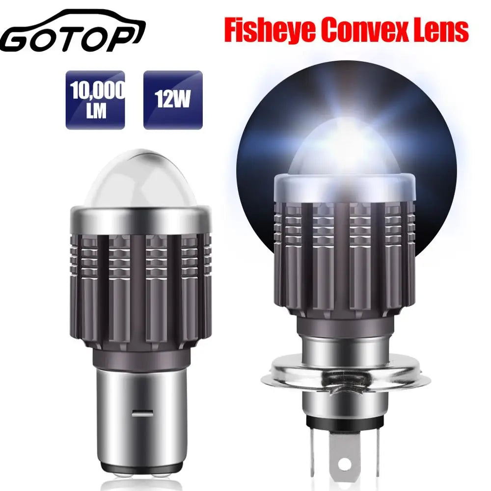 H4 H6 BA20D Led Motorcycle Headlight Bulbs 10000LM 12W CSP Chips Fisheye Convex Len Spotli