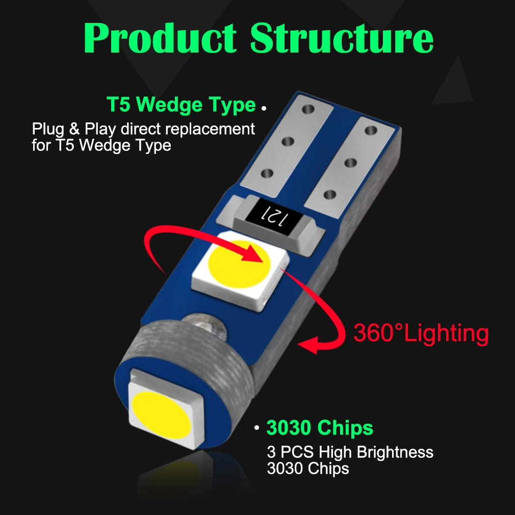 T5 Led Light W1.2W W3W Car Signal Light 3SMD 3030 Chips Led Wedge Dashboard Gauge Lamps Wa