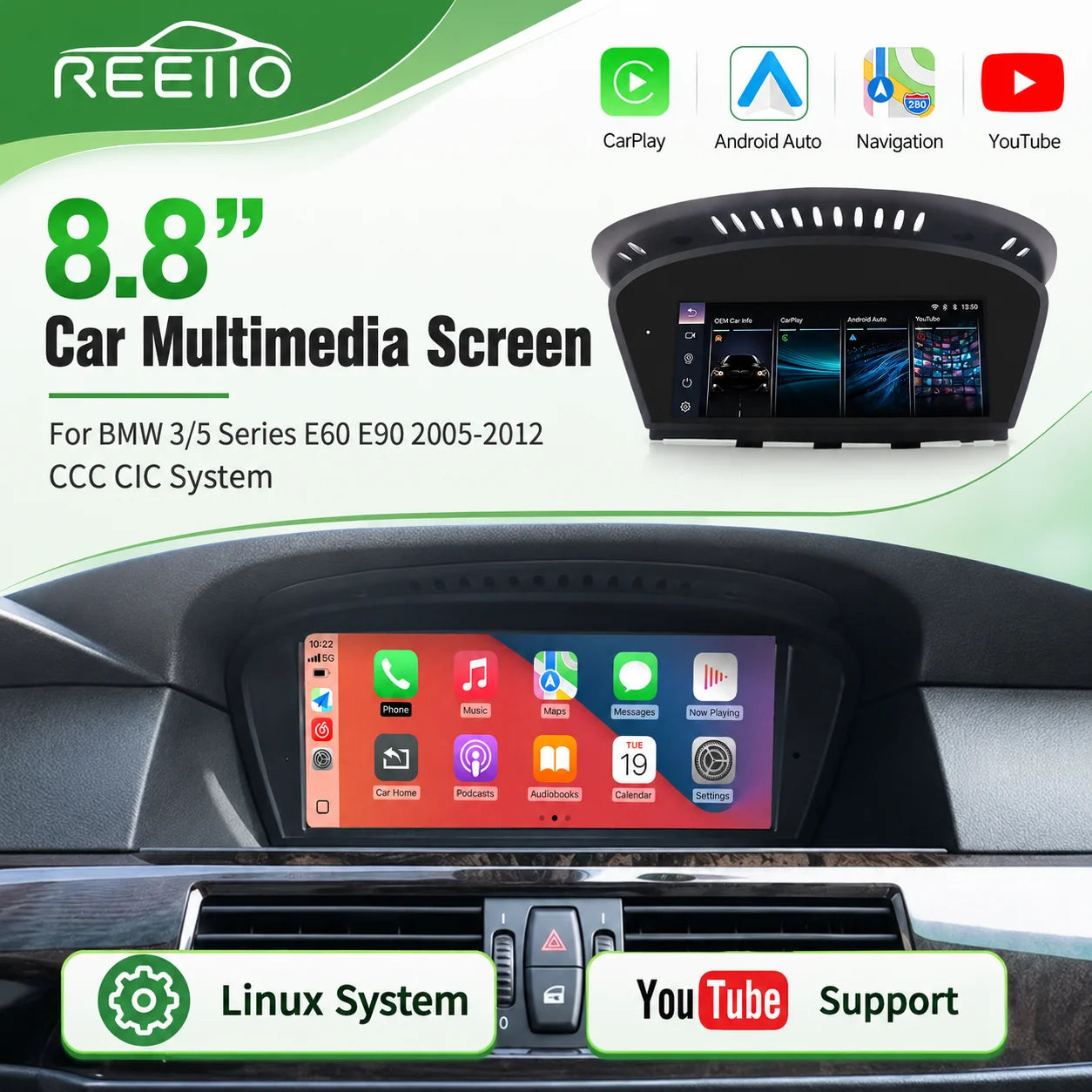 REEIIO 8.8 Inch Linux CarPlay Android Auto Screen For BMW 3 5 Series E60 E90 2005-2010 CCC