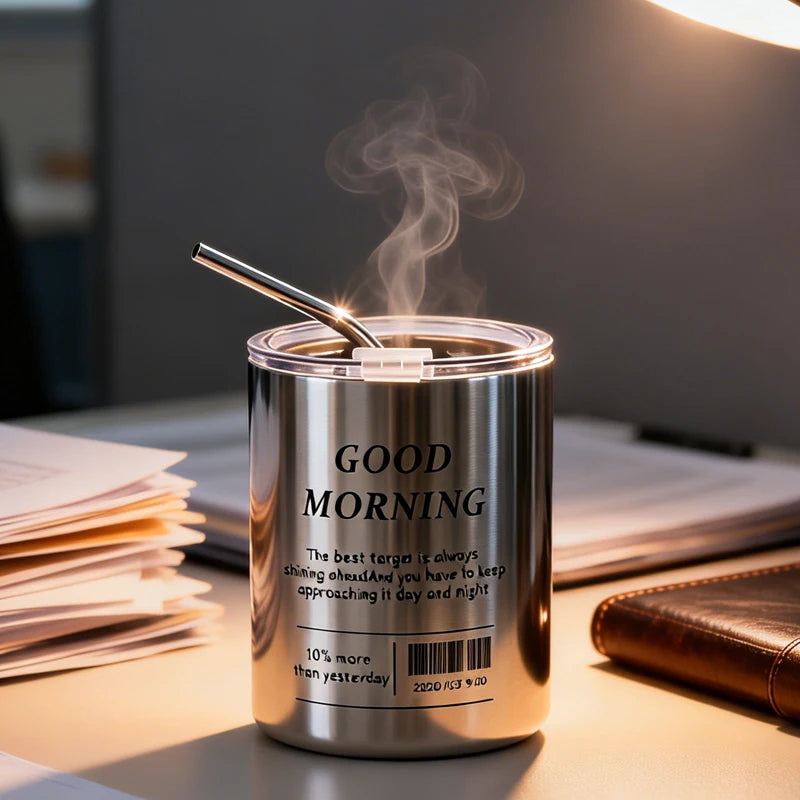 Stainless Steel Water Cup Travel Coffee Mug Reusable Double Wall Vacuum Insulated with Straw Per - Automotive LED Light