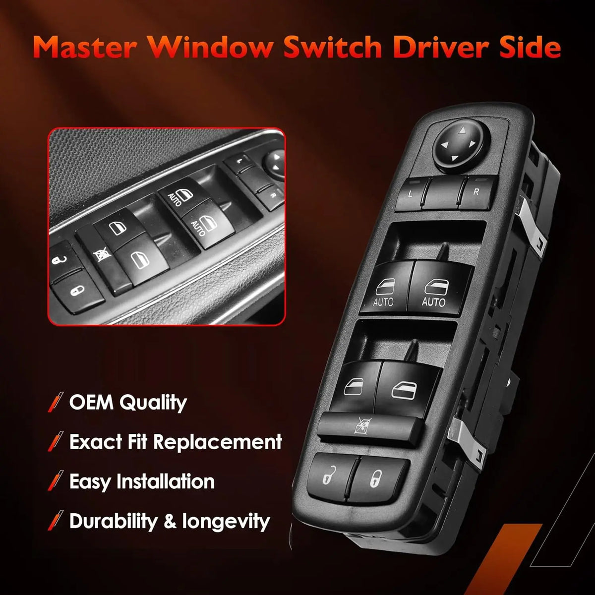 Master Power Window Switch Driver Side for Dodge Charger Journey Ram 1500 2500 3500 Chrysler 200 - Automotive LED Light