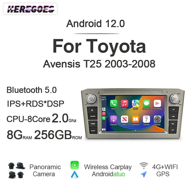 12.3" Car Radio GPS Android 13 8G+256G for Toyota Avensis T25 2002-2008 Wireless Carplay Navigation Bluetooth Stereo DSP
