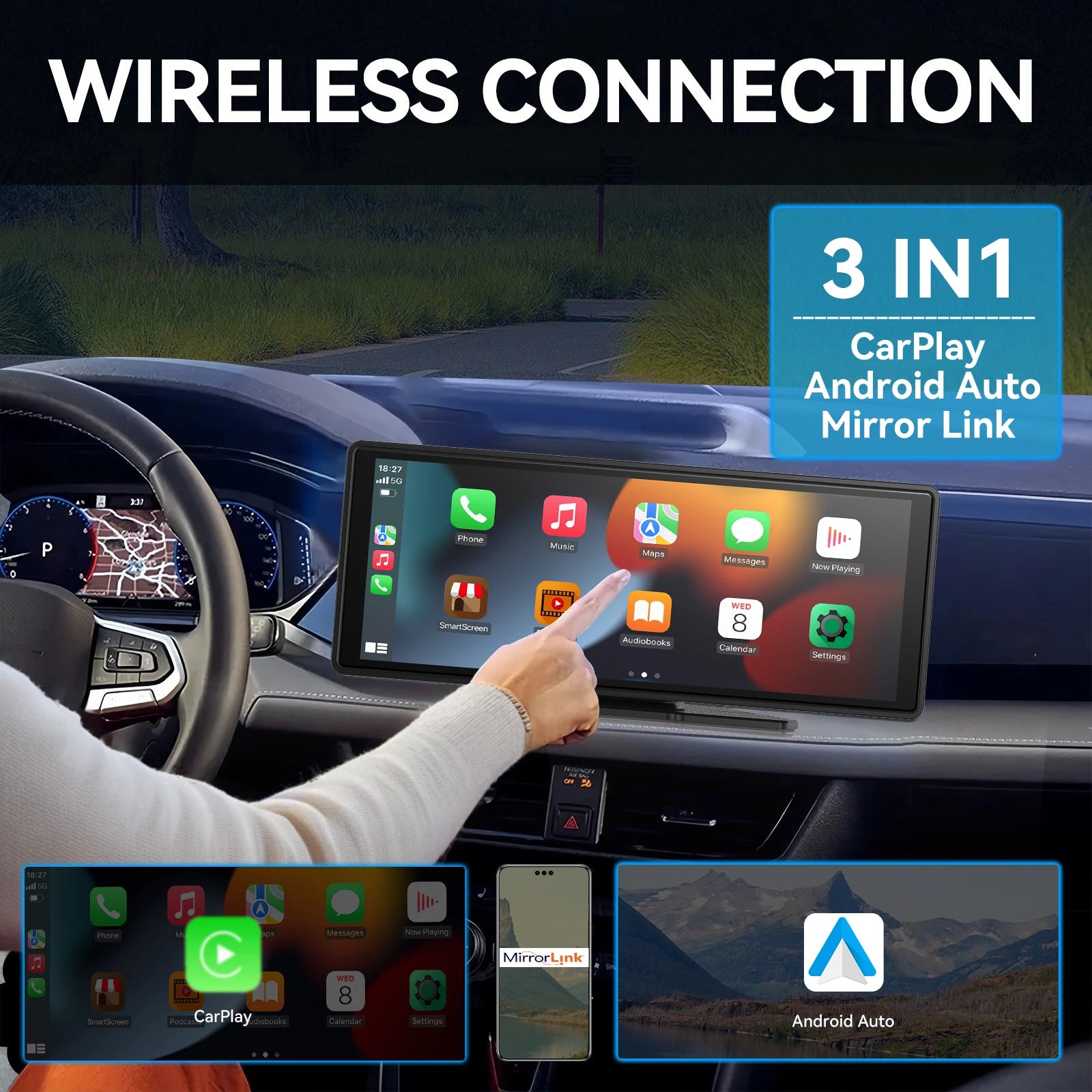 Pionray 7/10 inches android auto Universal Portable CarPlay for Car Screen Car Radio Video Wireless Carplay Screen for Apple