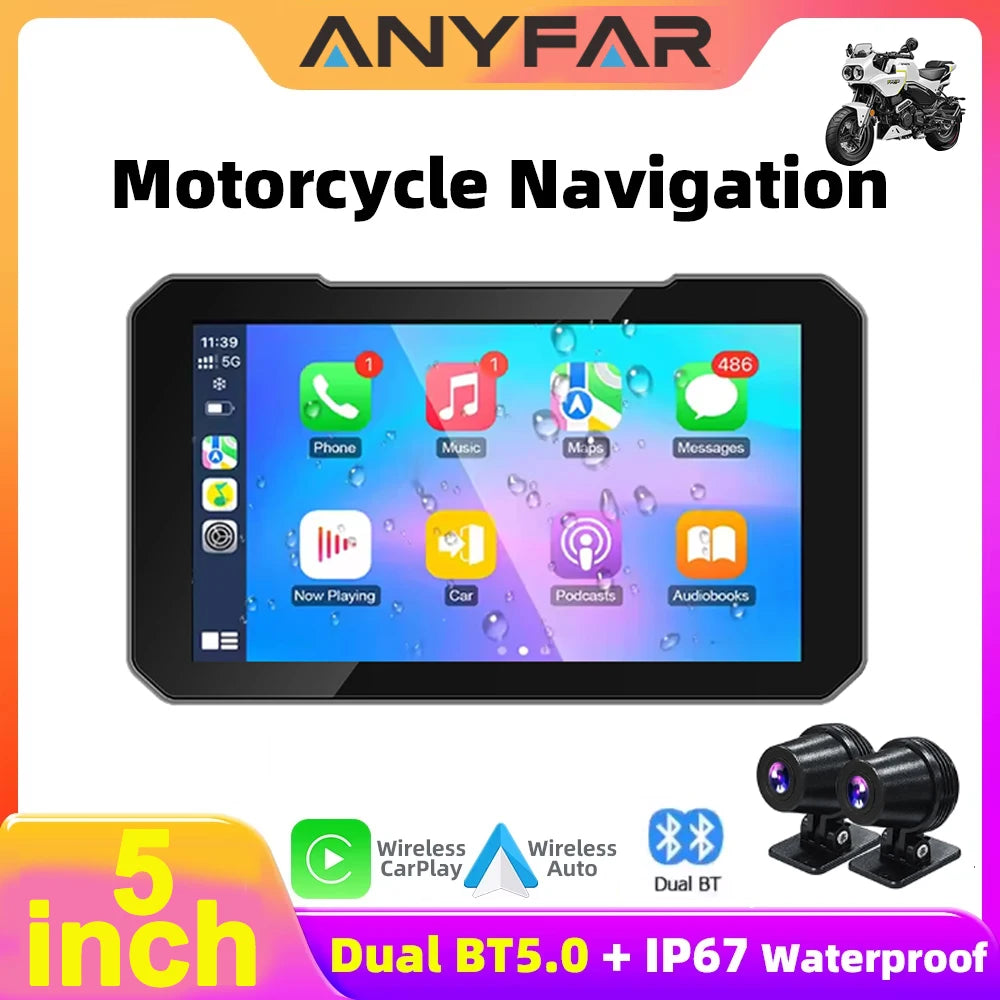 5 Inch Touch Screen Motorcycle CarPlay Screen Support Dual Camera Record with Wireless Car
