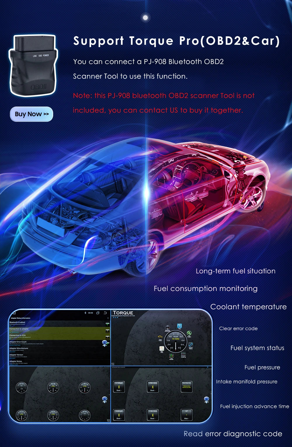 12.3" Car Radio GPS Navigation Bluetooth OBD2 Scanner Torque Pro for Ossuret Stereo Head Unit - 2GB+32GB Android Auto