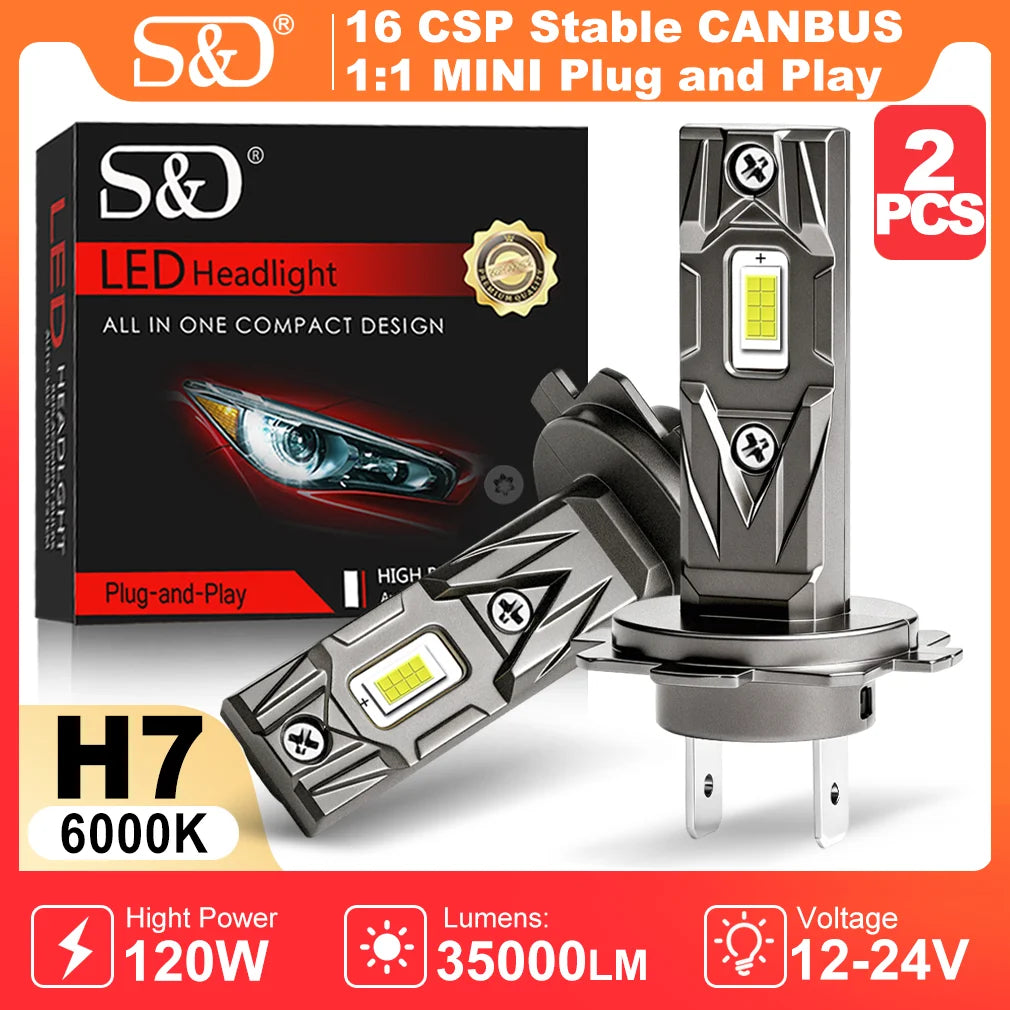 S&D H7 CANBUS LED Headlight Bulbs 30000LM 7035 CSP Chips 1:1 MINI Size Plug and Play Auto