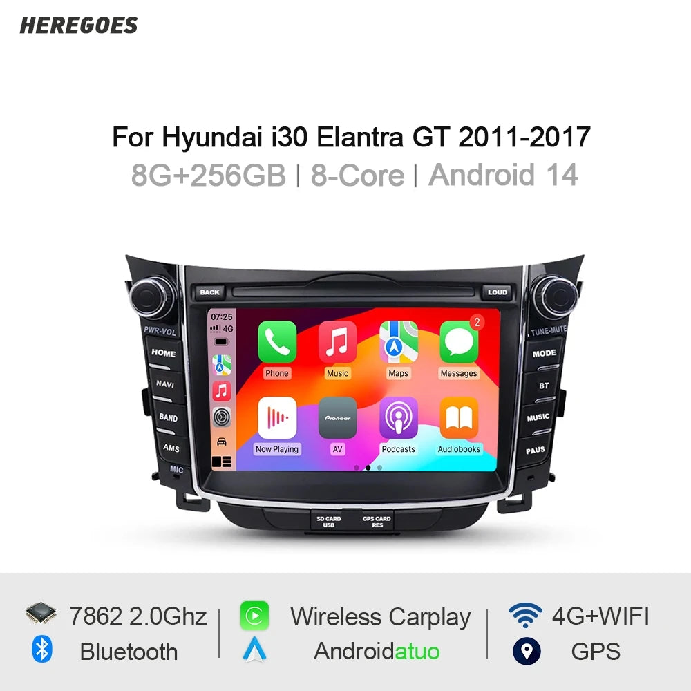 8G 256GB Android 14 Car Radio GPS Navigation Stereo Bluetooth RDS Carplay Multimedia Player for Hyundai i30 Elantra GT 2