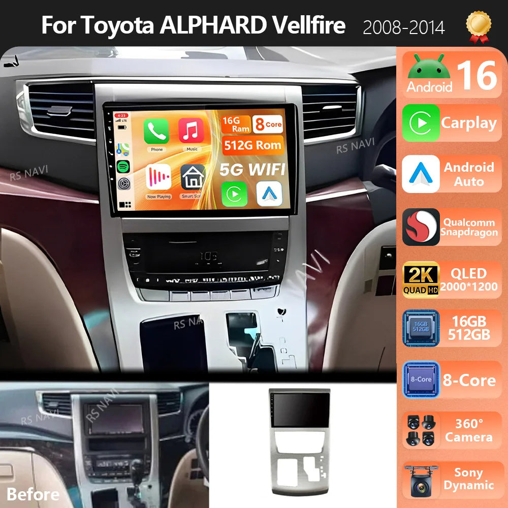 Plug and Play Android 16 Carplay 2K Screen Car Radio Multimedia Player For Toyota Vellfire