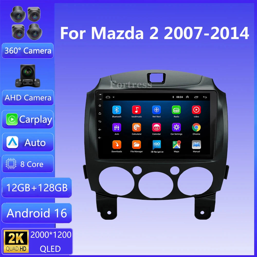 Android 16 Carplay Auto 2K Screen Car Radio Multimedia Player For Mazda 2 2007-2014 WIFI+4