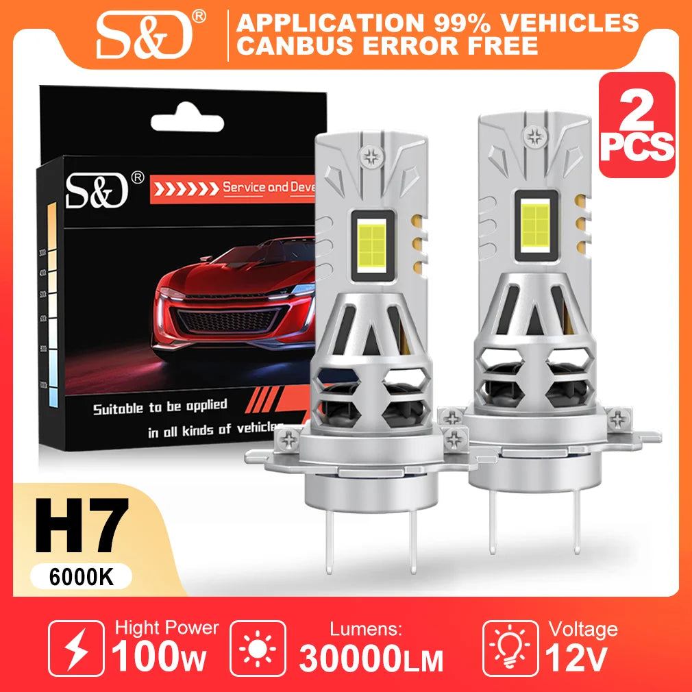 S&D H7 LED Headlight 30000LM 100W Car Headlight Bulb Super Bright 6000K White CANBUS Plug