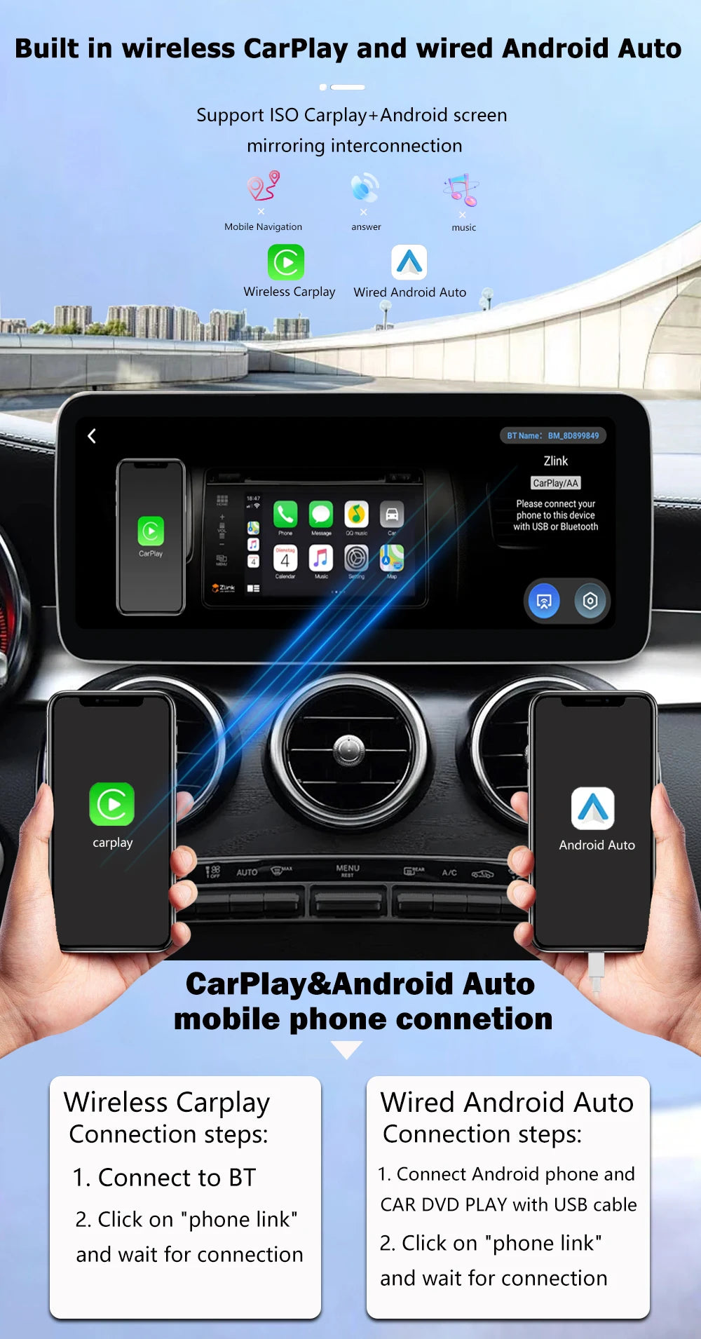 Android Auto Wireless Carplay GPS Navigation Multimedia 12.3" For Mercedes Benz GLML W166