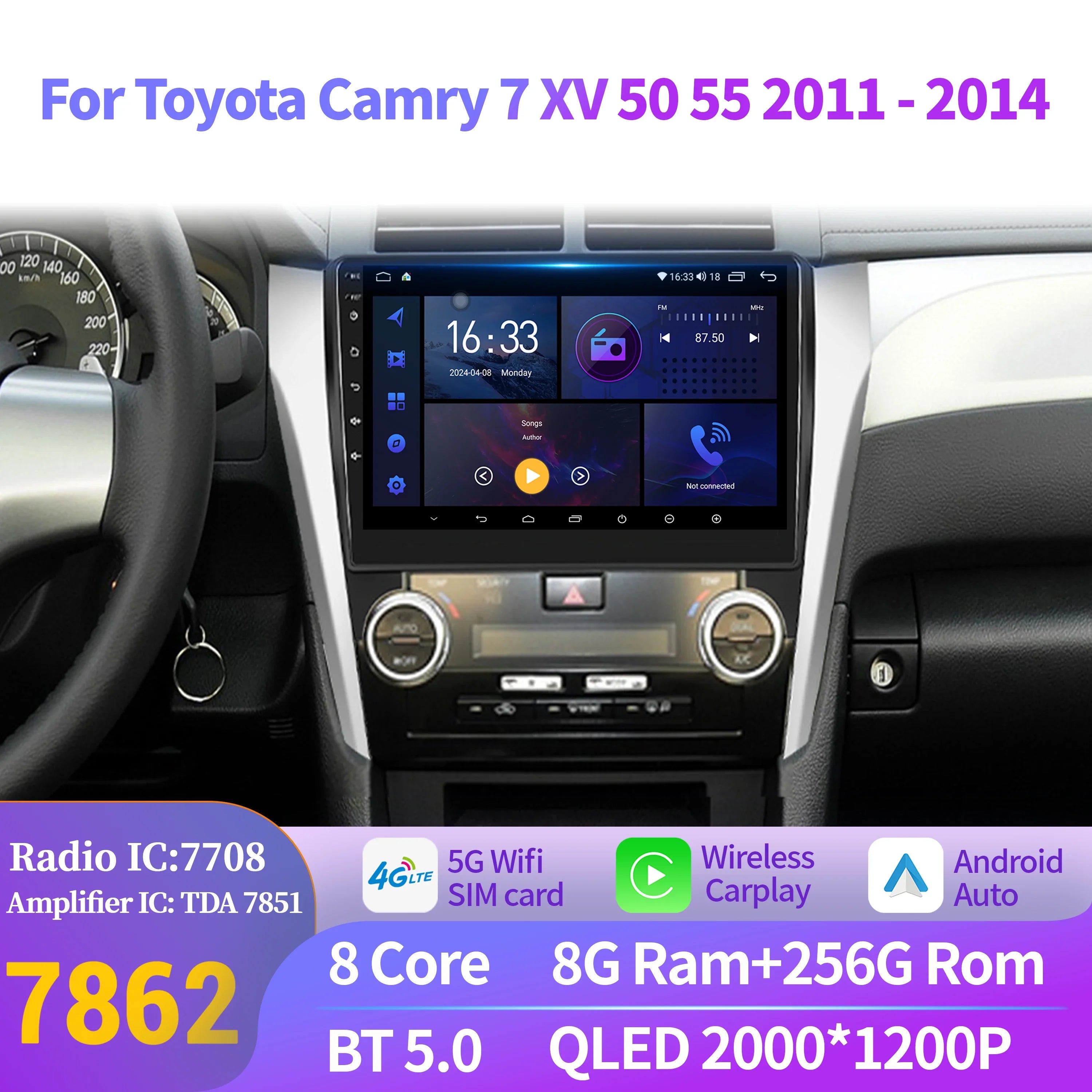 Android 14 Car Radio For Toyota Camry 7 XV 50 55 2011-2014 Navigation Wireless BT Carplay