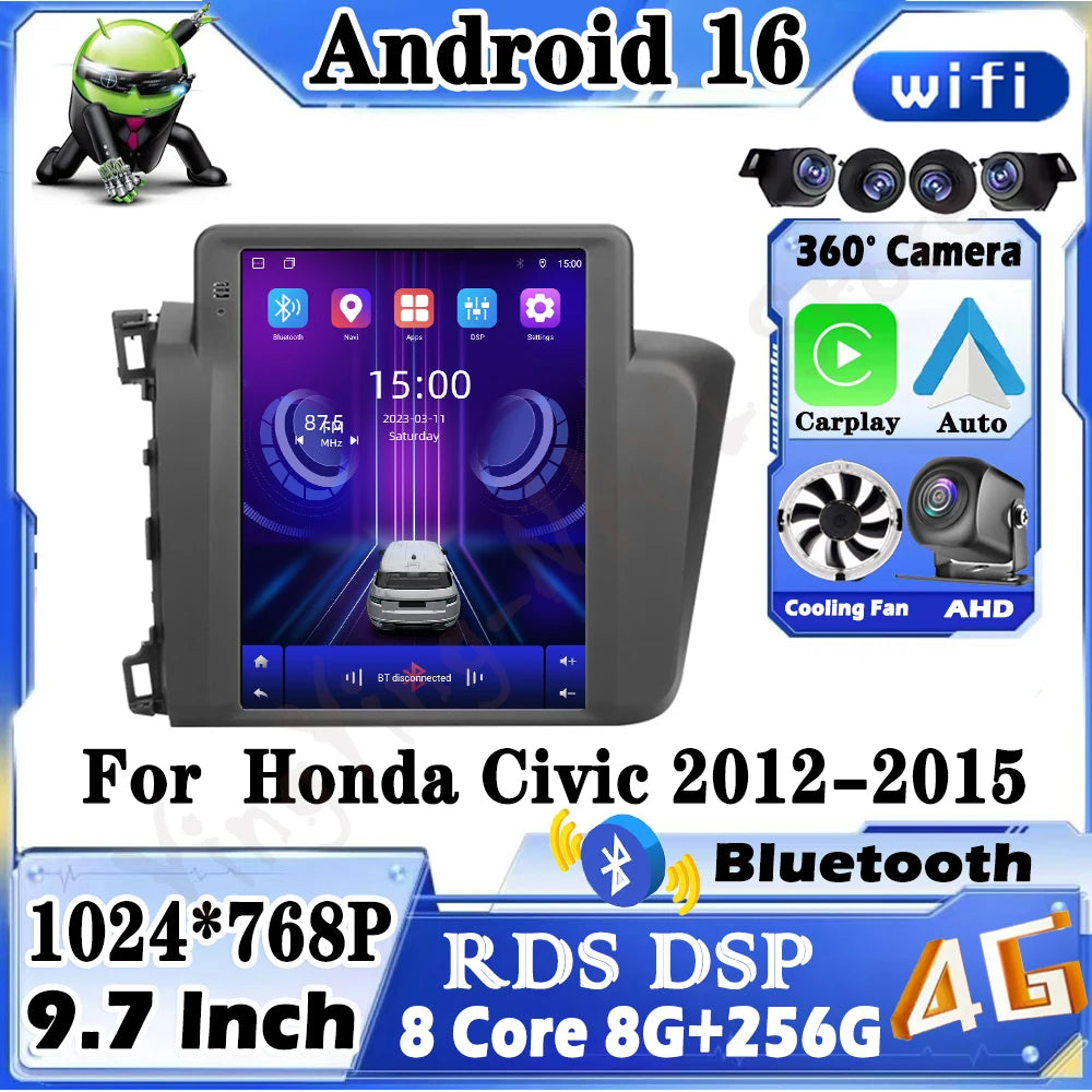 Android 16 for Honda Civic 2012-2015 Car Multimedia Player 4G WlFl Carplay IPS Screen Radi