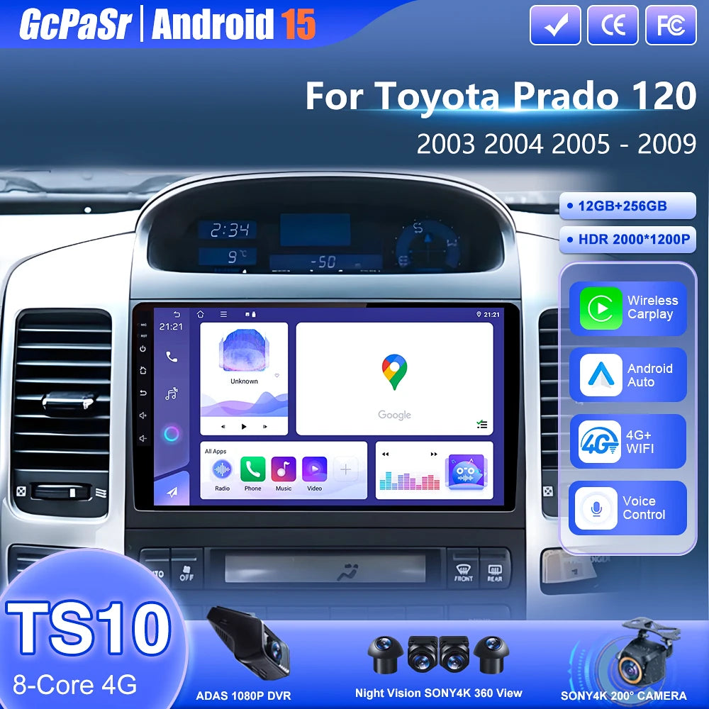 Android 15 Car Radio Carplay For Toyota LAND CRUISER Prado 120 2003 - 2009 Head Unit 4G+WI
