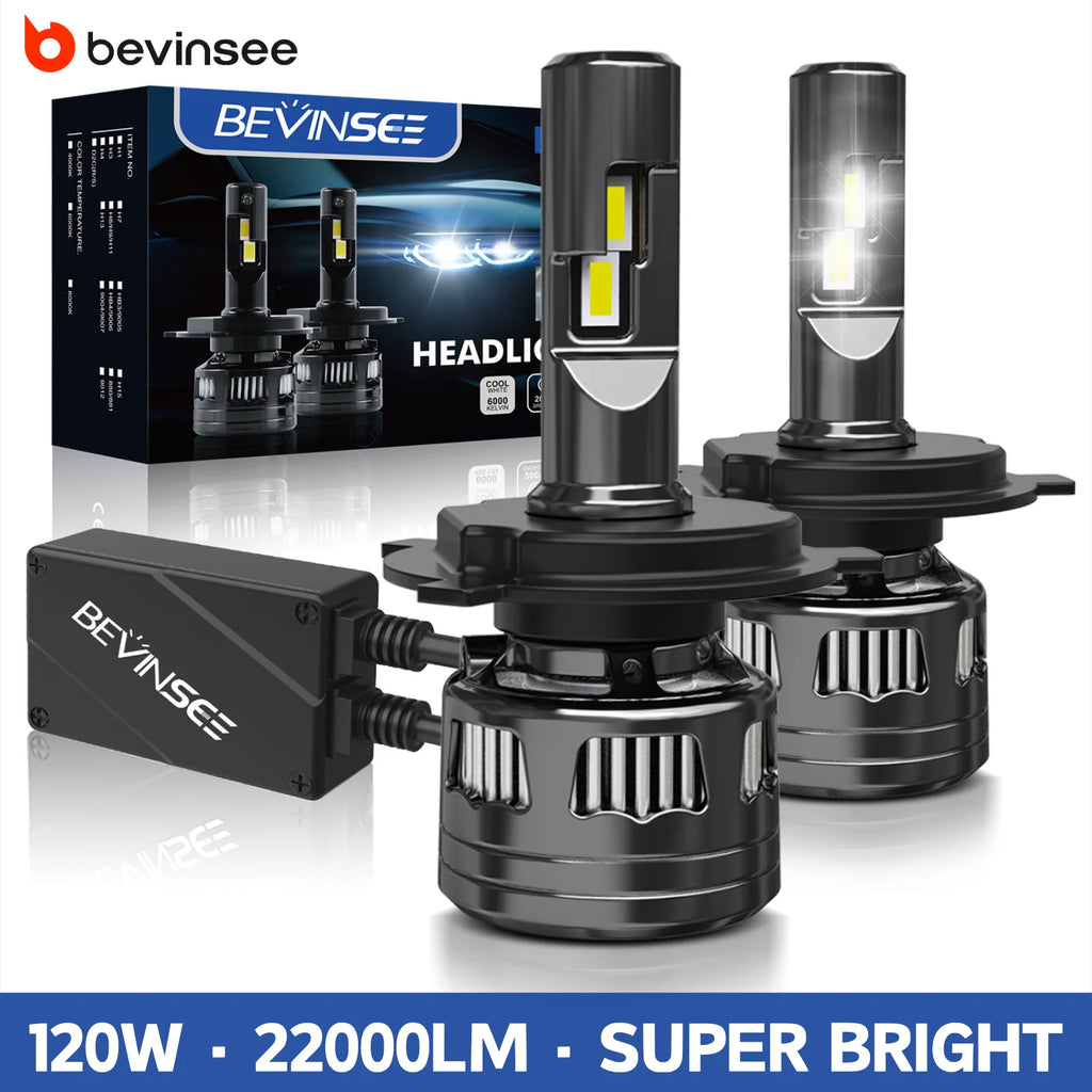 BEVINSEE H4 LED Car Headlight Bulbs High&Low Beam 120W 22000LM H7 H11 9006 HB4 H1 LED Ligh