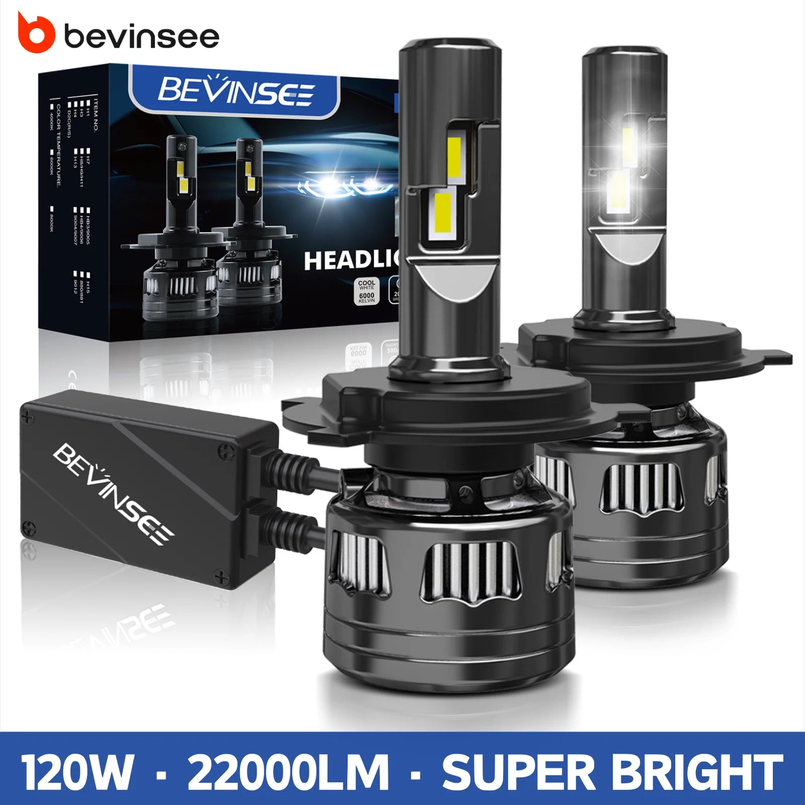 BEVINSEE H4 LED Car Headlight Bulbs High&Low Beam 120W 22000LM H7 H11 9006 HB4 H1 LED Ligh