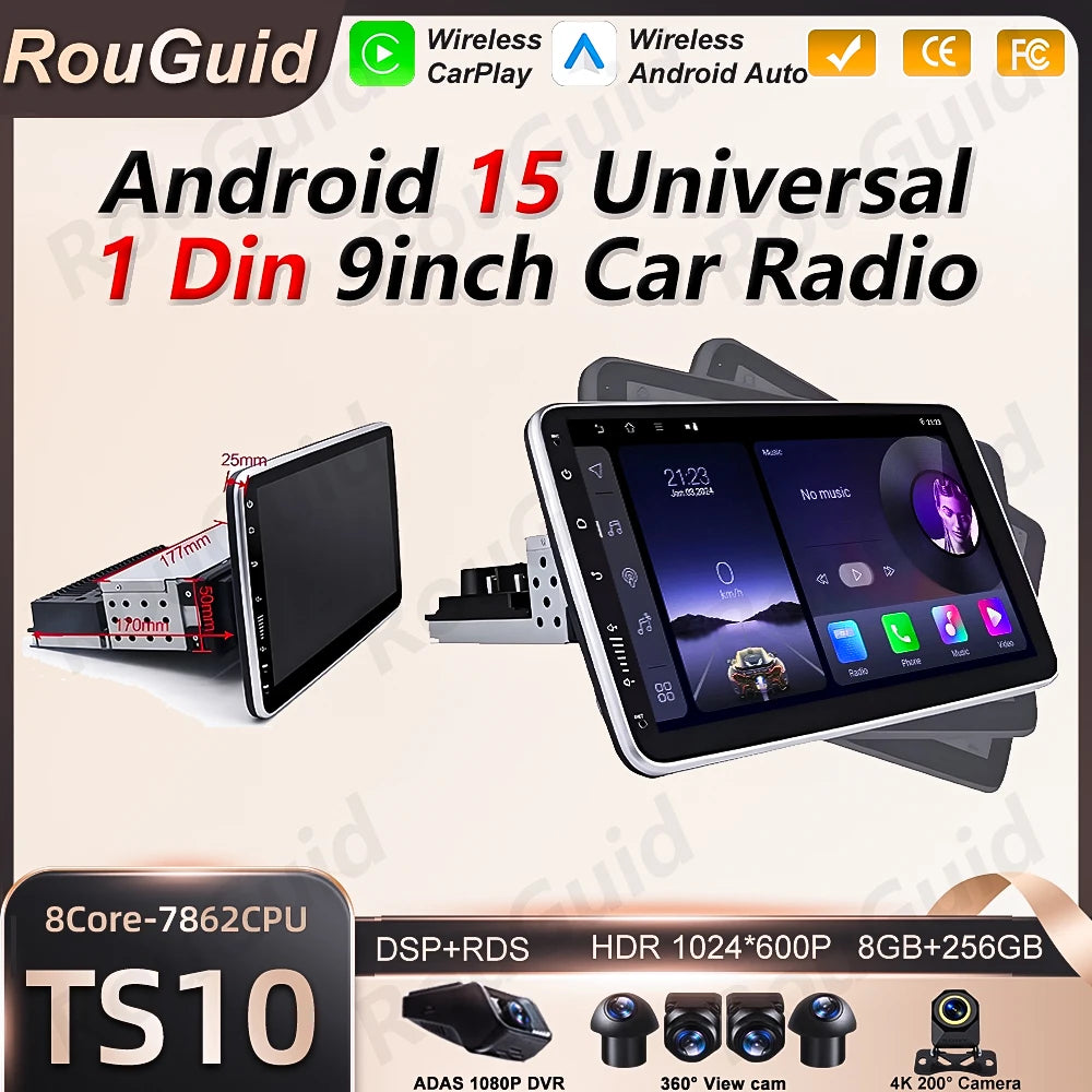 Android 15 1 DIN Screen Universal 9 10 inch Car Stereo CarPlay Car Radio Android Auto GPS  | AUTOKITSHOP