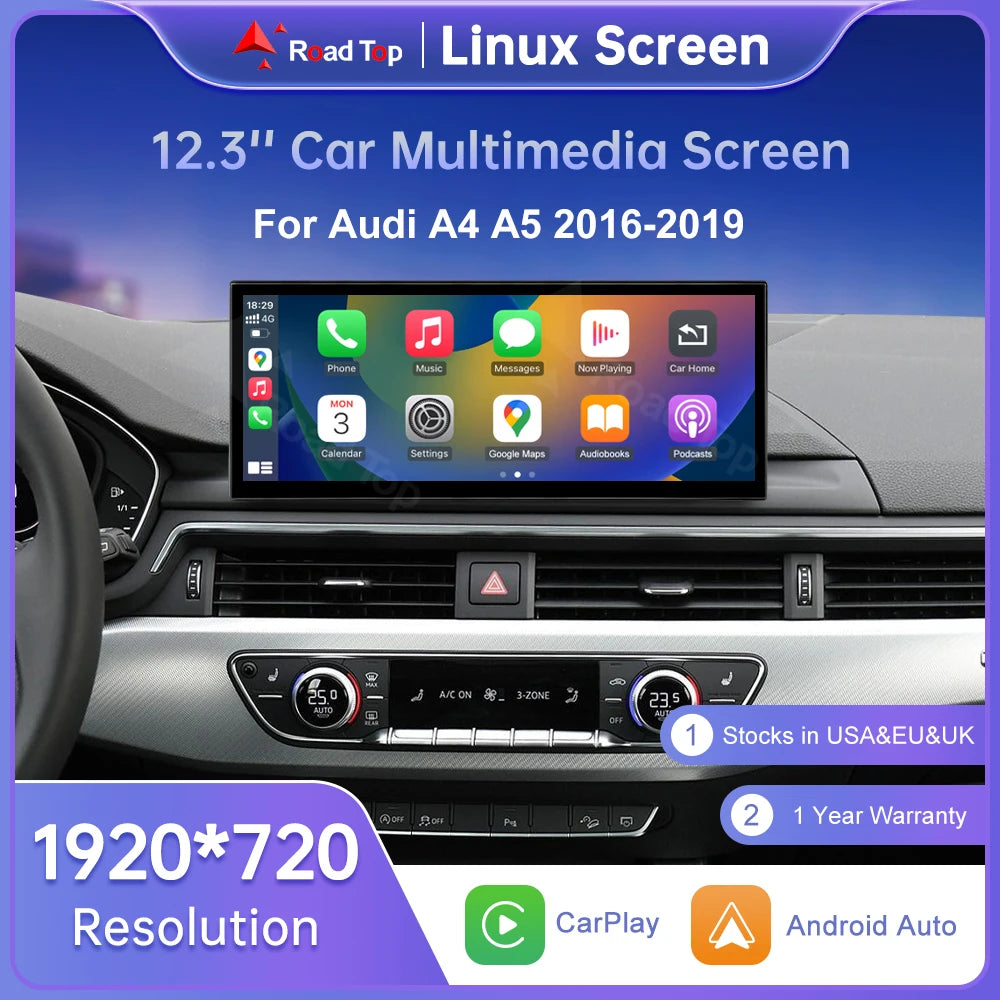 Road Top 12.3' Wireless CarPlay Android Auto Screen For Audi A4 A5 2016-2019 Airplay Multi