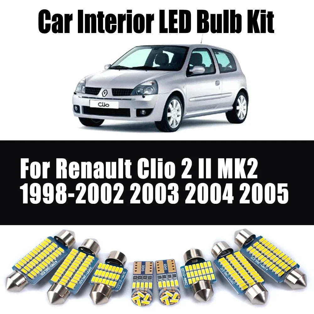 8-Piece LED Interior Light Kit for Renault Clio 2 II MK2 1998-2001 - Canbus Dome Map Door Trunk Bulbs | AUTOKITSHOP