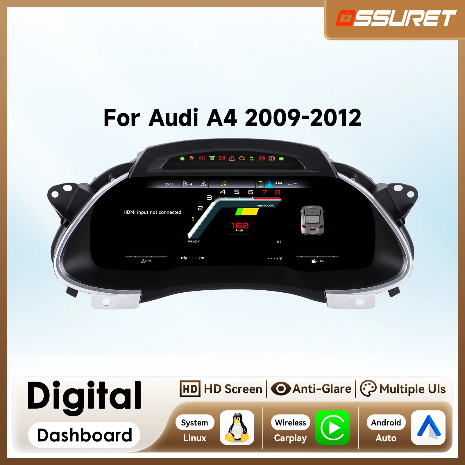 1920*720 Car LCD Dashboard panel for AUDI A4 2009 - 2012 Digital Instrument Cluster Virtua