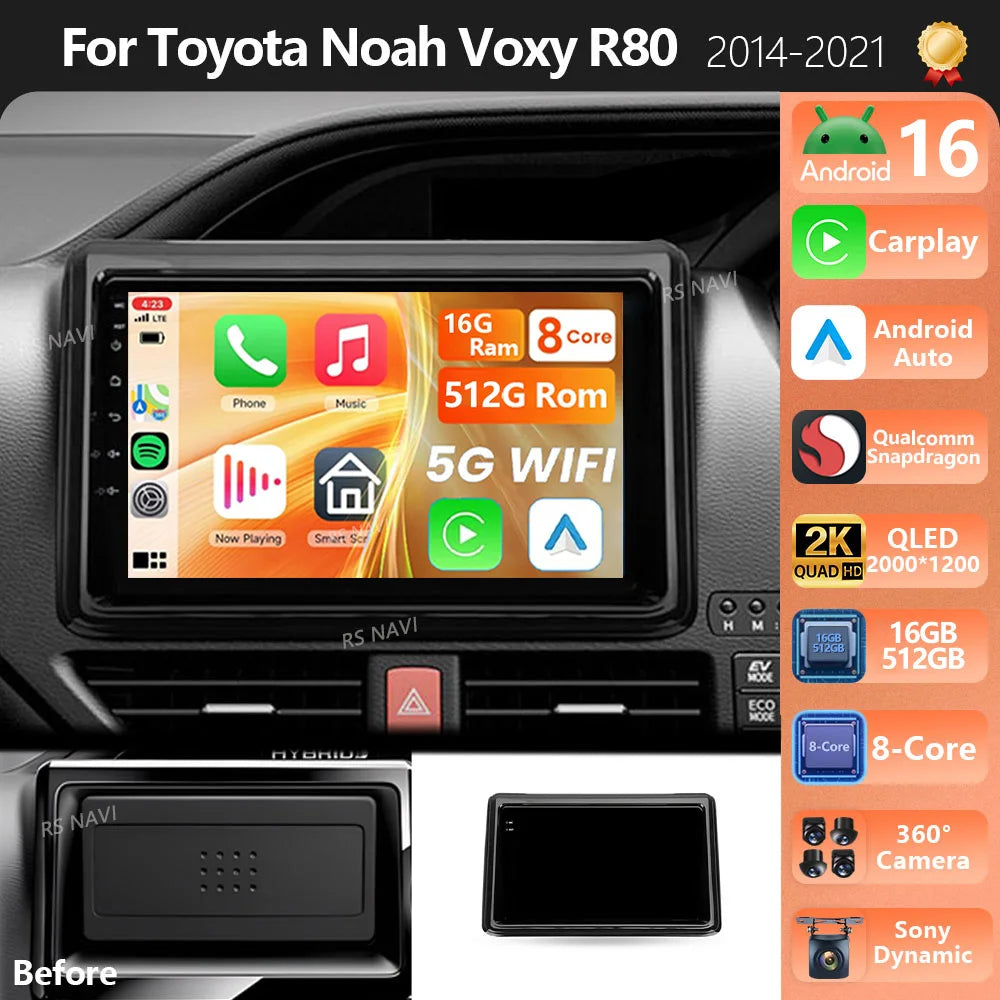 Android 16 Carplay Auto Qualcomm 2K QLED Screen Car Radio Player For Toyota Noah Voxy R80