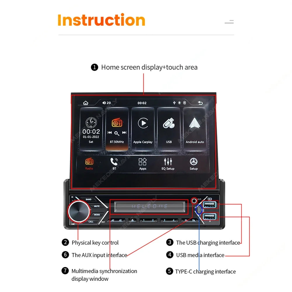 Universal 1Din MP5 Car Radio 7" IPS Retractable Screen Autoradio for Carplay Android Auto  | AUTOKITSHOP