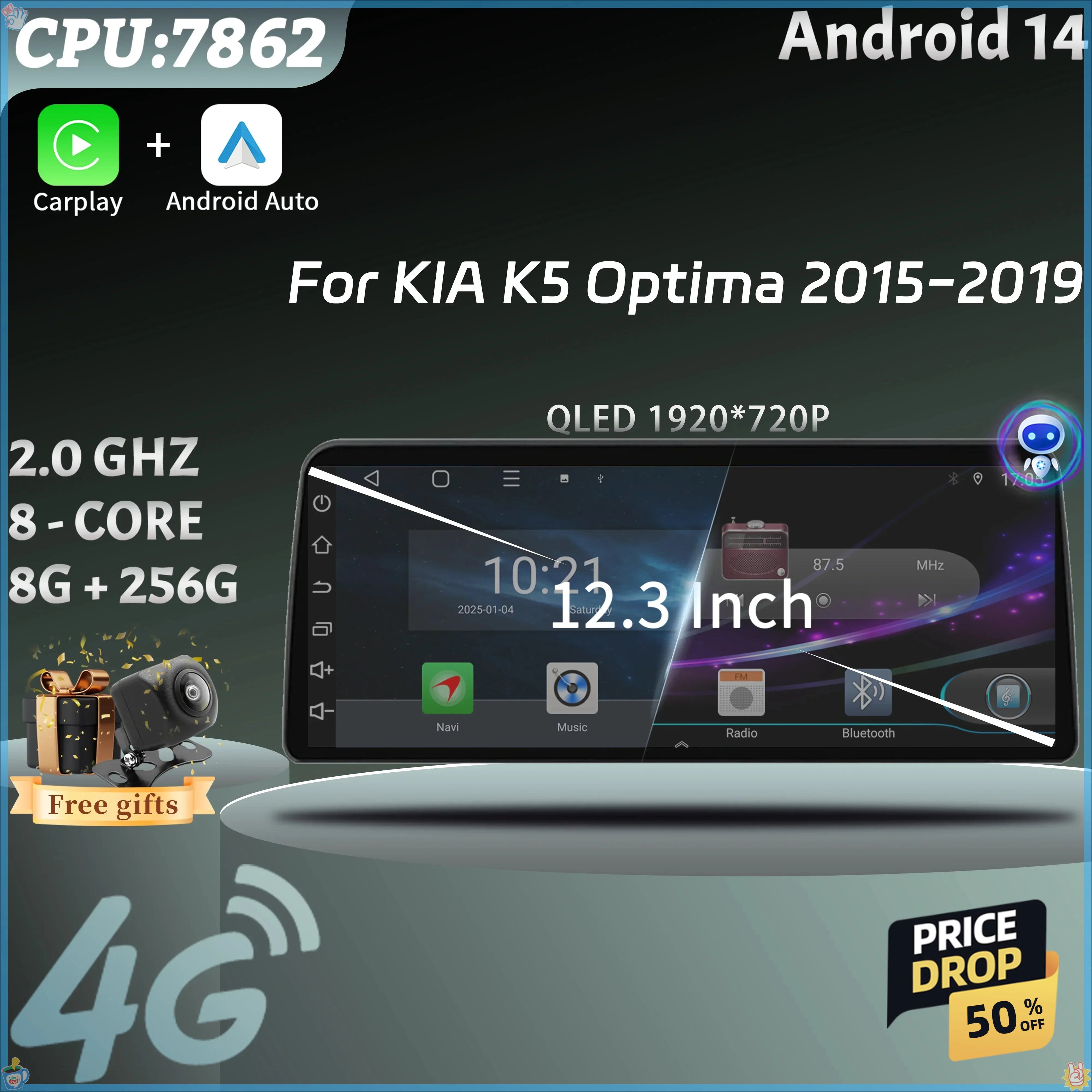 For KIA K5 Optima 2015 2016 2017 2018 2019 12.3inch Android 14 Car Radio Multimedia Naviga