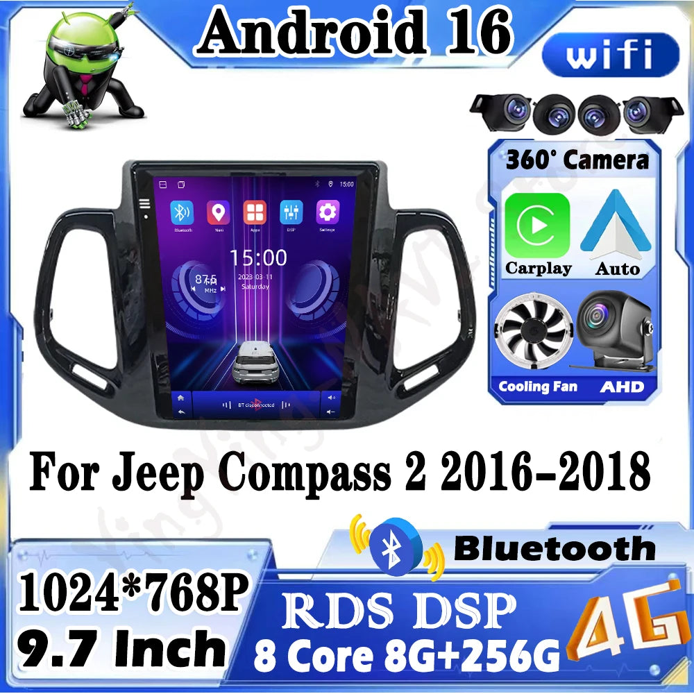 9.7 lnch Android 16 for Jeep Compass 2 2016-2018 Car Radio Multimedia Player DSP Stereo Wi