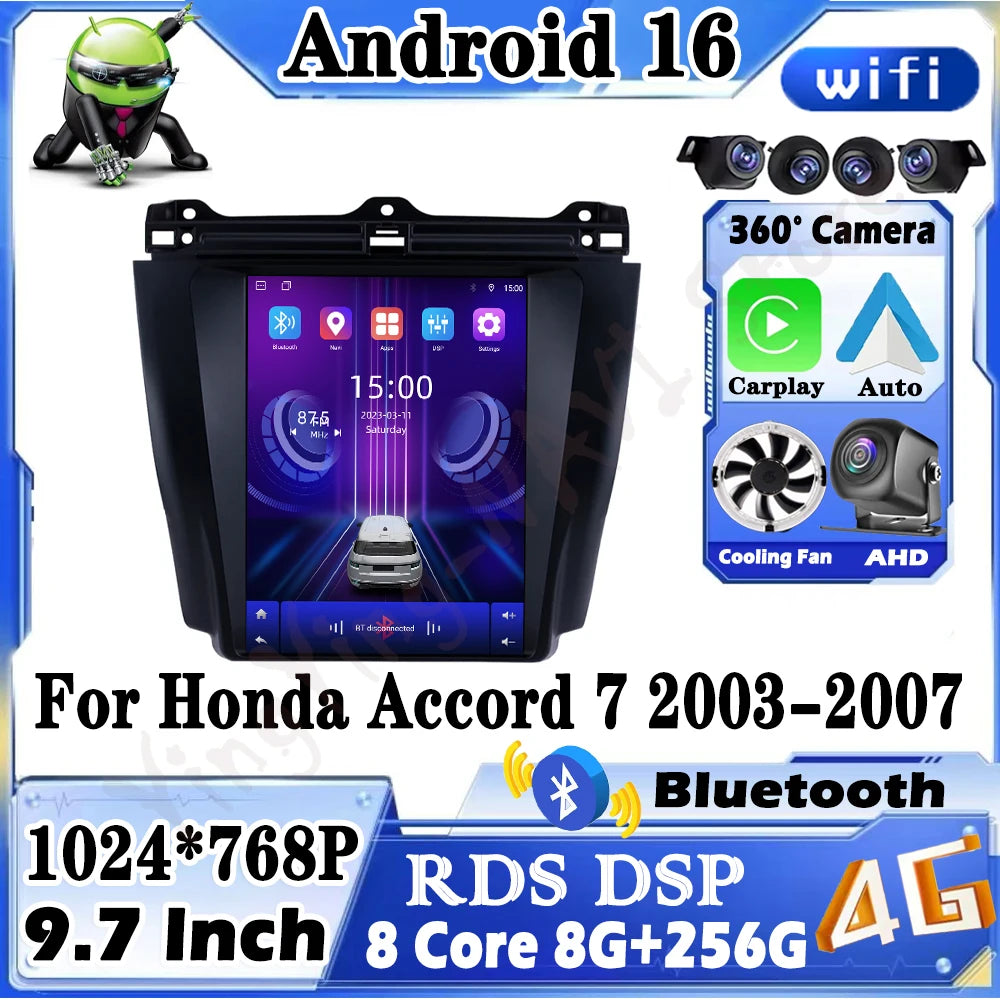 for Honda Accord 7 2003-2007 Car Radio Multimedia Player Android 16 BT 4G DSP Stereo WiFi