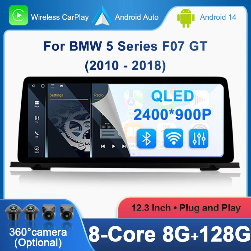 Wireless Carplay Android 14 For BMW 5 Series F07 GT 2010 - 2018 CIC NBT System Multimedia