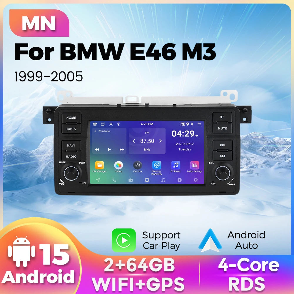 For BMW 3 Series E46 M3 318/320/325/330/335 1998 - 2005 Android 15 64G Car Radio Wireless
