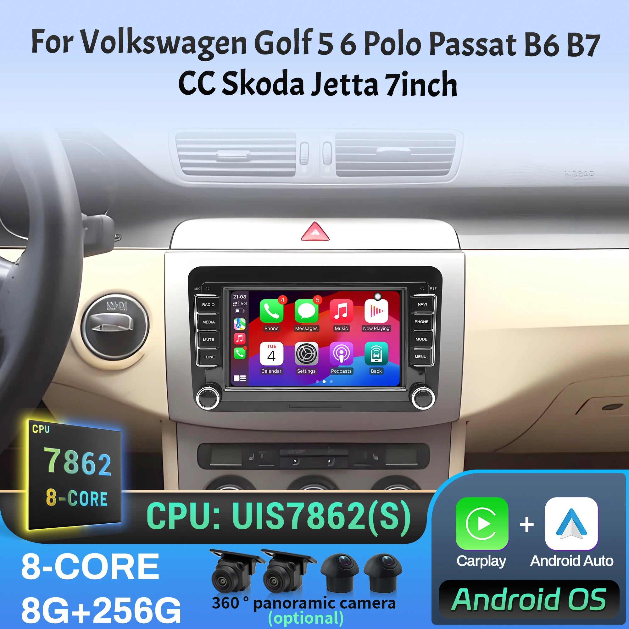 7 inch Car Radio For Volkswagen Golf 5 6 Polo Passat B6 B7 CC Skoda Jetta 4G Wireless Blue