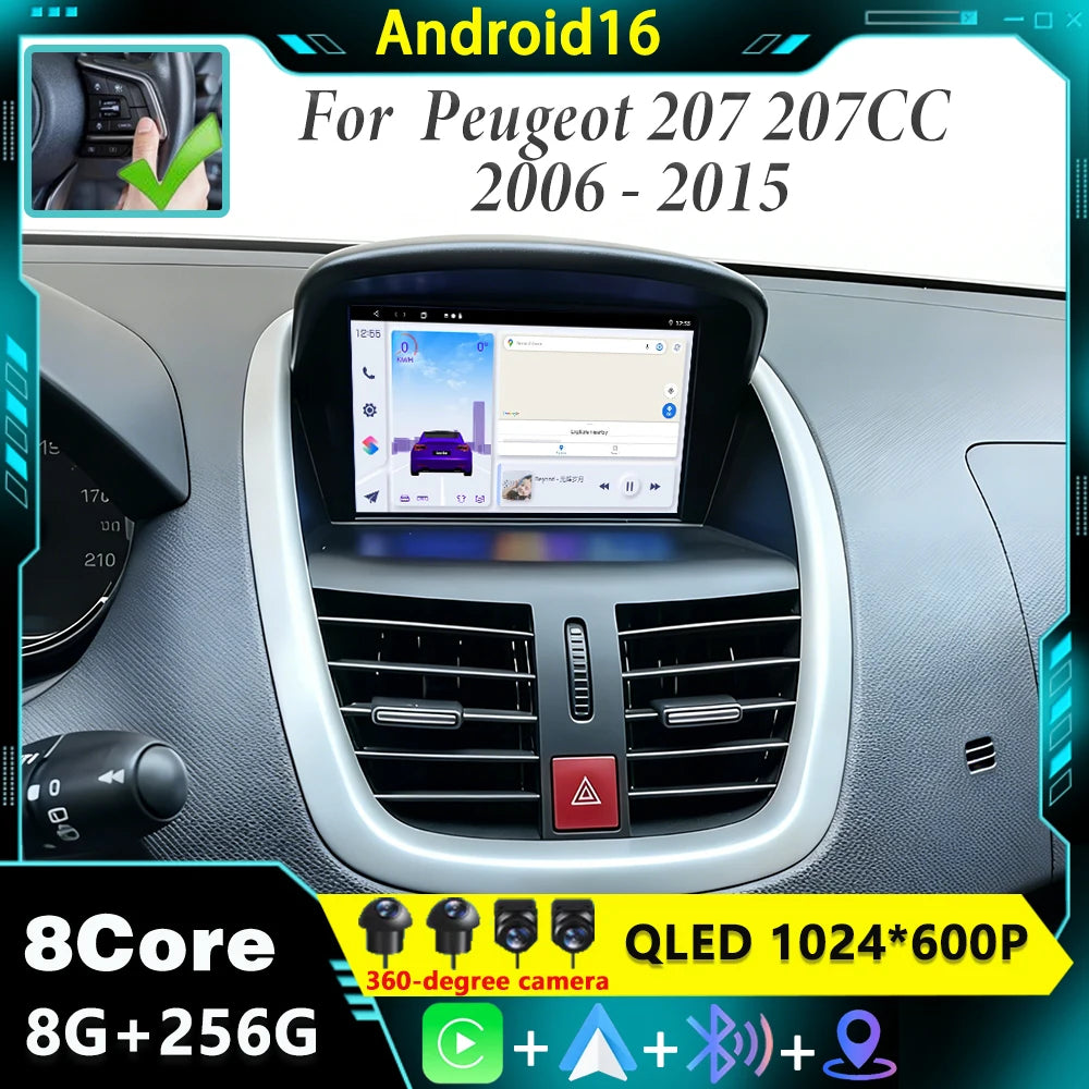 7 " Car Radio For Peugeot 207 207CC 2006 - 2015 Android 16 wireless CarPlay Auto intellige