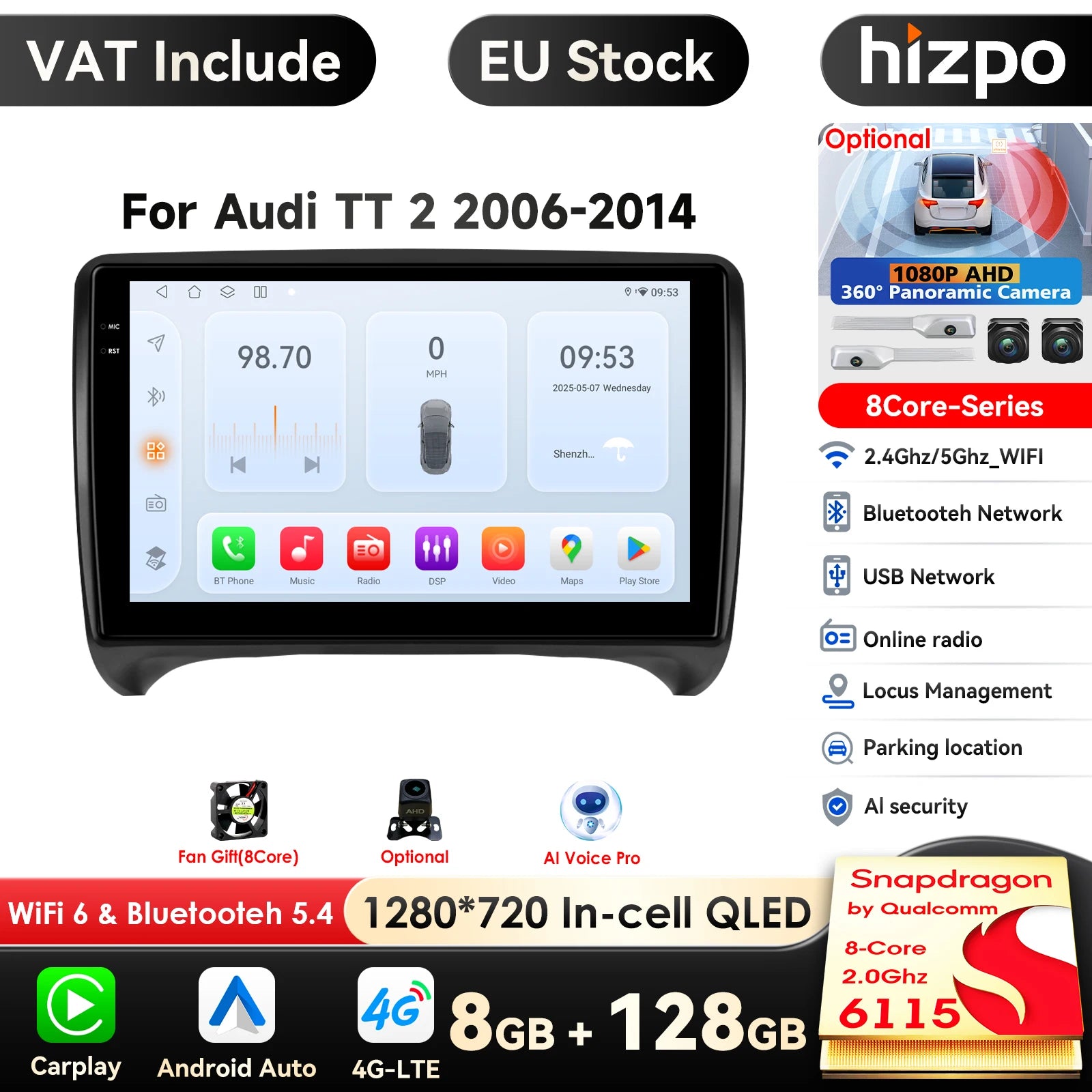 12.3" Car Radio GPS for Audi TT MK2 8J 2006-2014 - 4G LTE 360 Camera Carplay Android Auto Stereo RDS BT AI