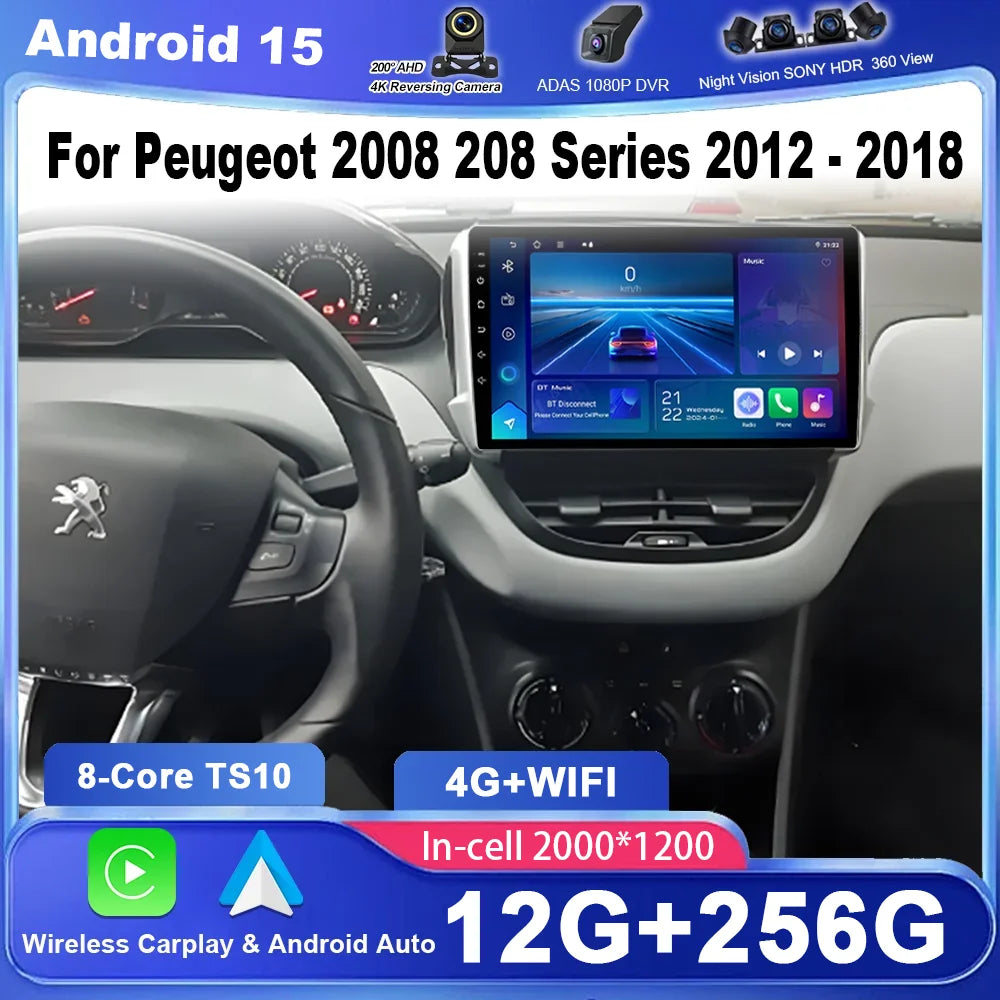 Android 15 For Peugeot 2008 208 Series 2012 -2018 Auto Multimidia Video Player QLED Screen