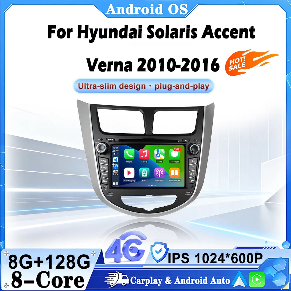 4G 7"For Hyundai Solaris Accent Verna 2010-2016 Car Carplay Auto Android 16 Radio Navigati
