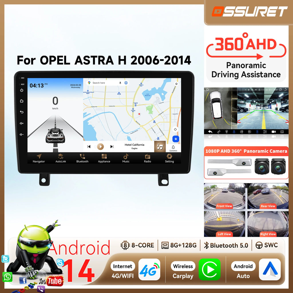 Carplay Android 14 Car radio for OPEL ASTRA H 2006 -2014 Multimedia player Stereo 2DIN 360